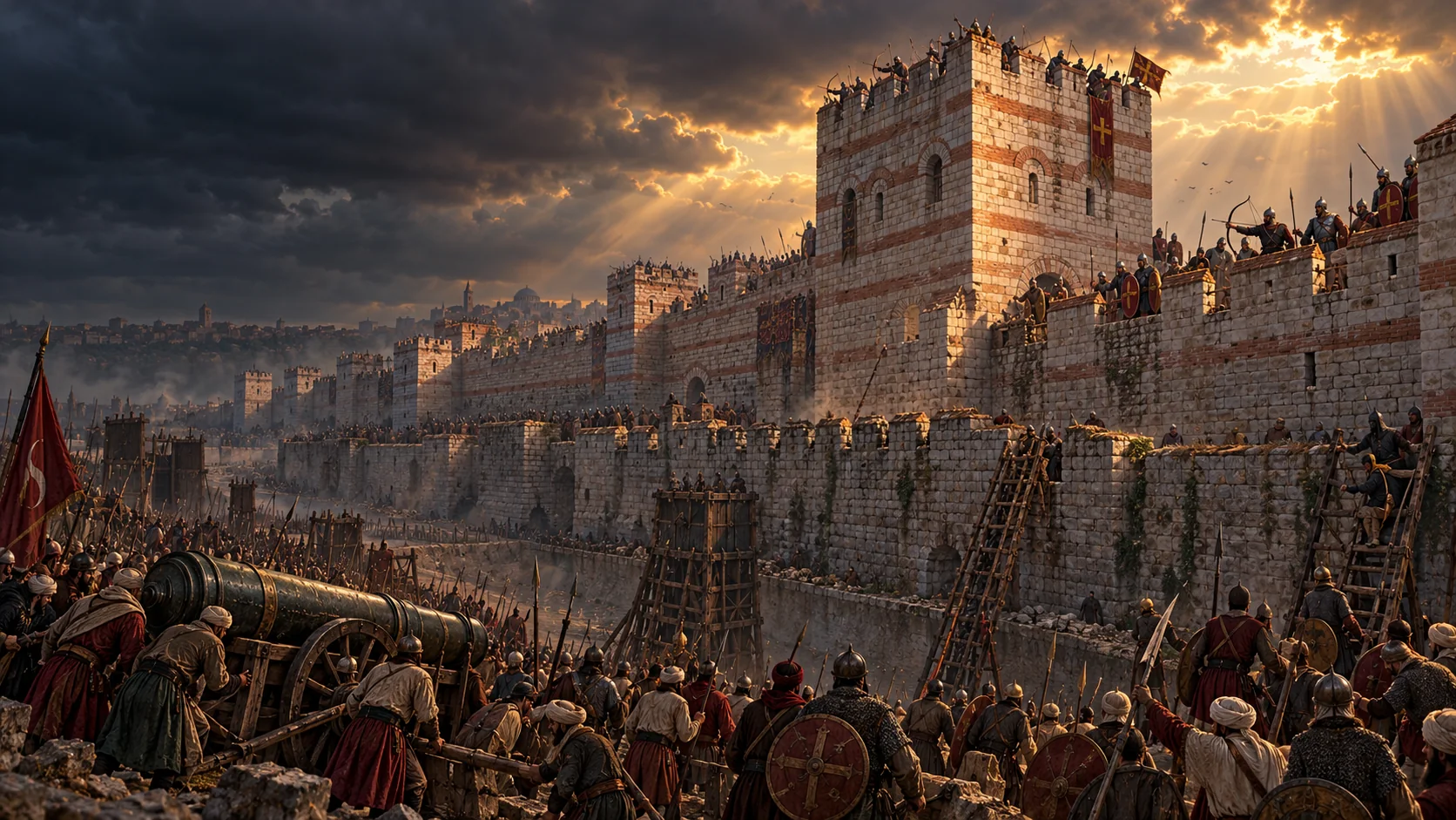 Artistic reconstruction of soldiers attacking and defending Constantinople’s city walls