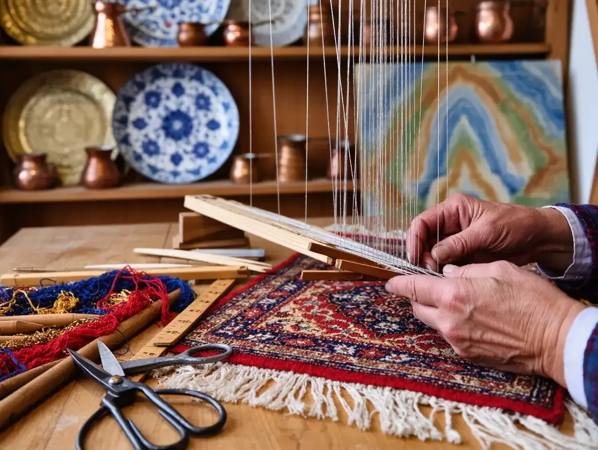 Handmade Turkish rug weaving close-up
